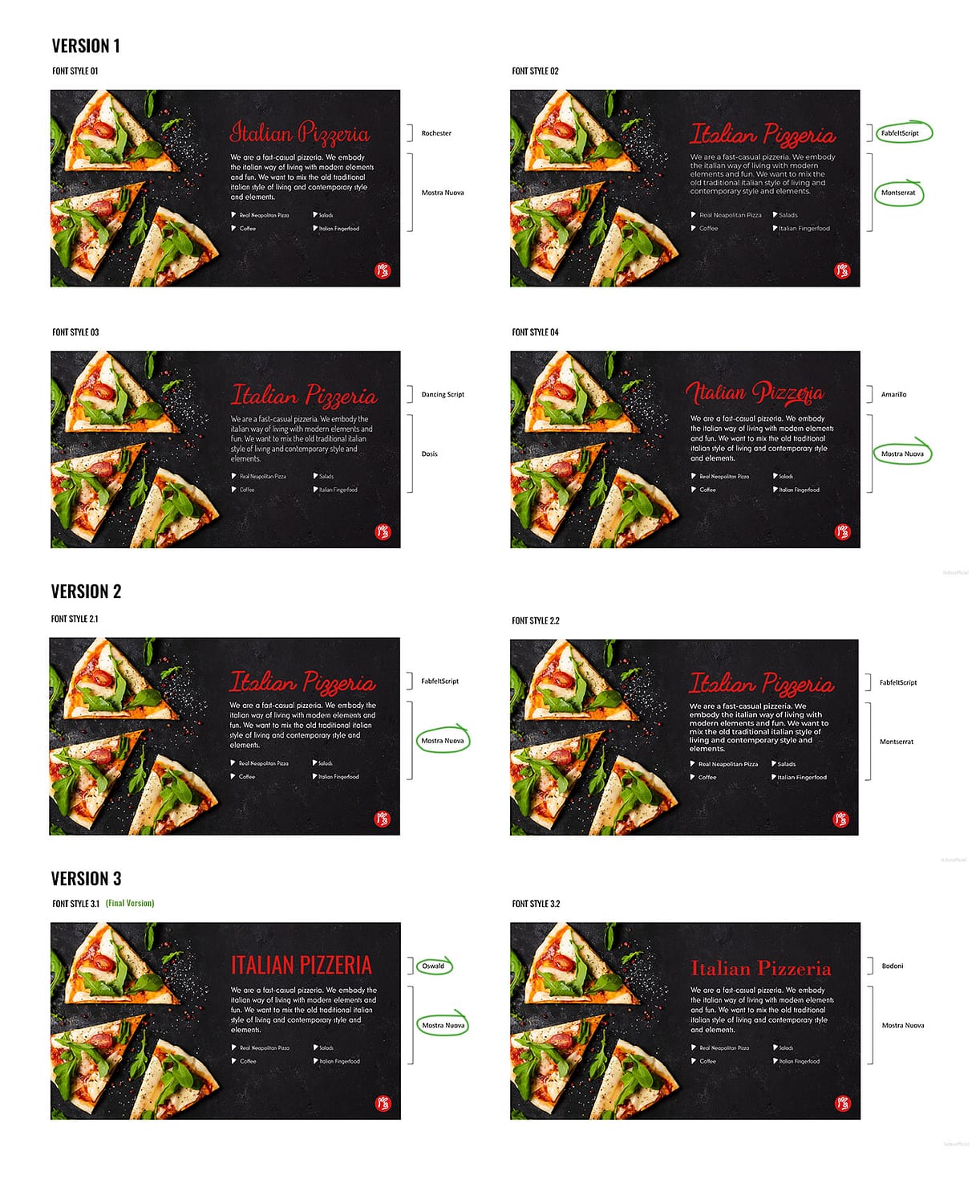 Siprego: Pizza-E-Pasta | Brand Identity 8 typographic explorations